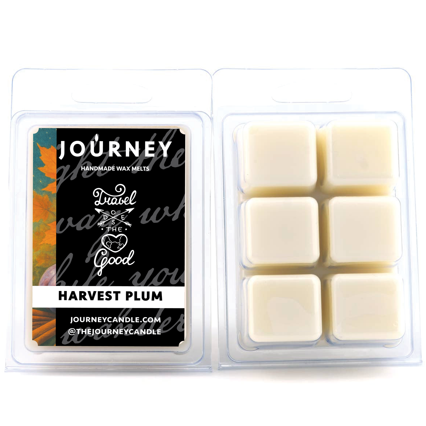 Harvest Plum Journey handmade wax melts packaging with six squares of wax on a white background