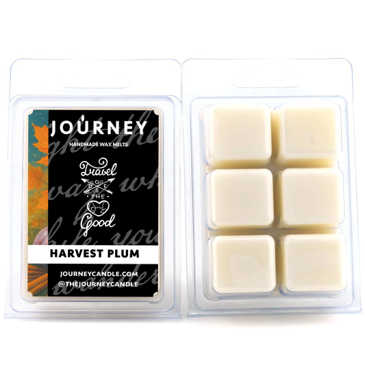 Harvest Plum Journey handmade wax melts packaging with six squares of wax on a white background